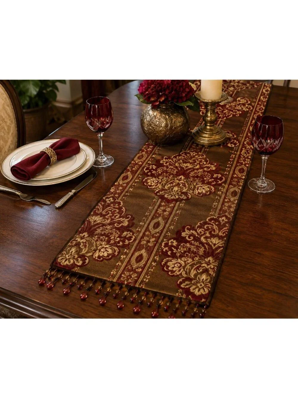 Vintage Bombay Company Silk Velvet Tapestry Table Runner Beaded Fringe Red Gold
